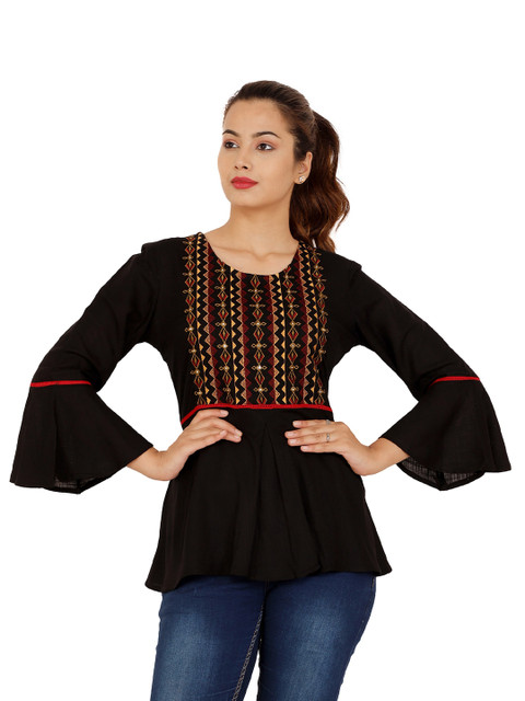 

NITVAN Black Geometric Embroidered Top