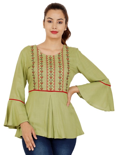 

NITVAN Green Tribal Embroidered Bell Sleeves Top