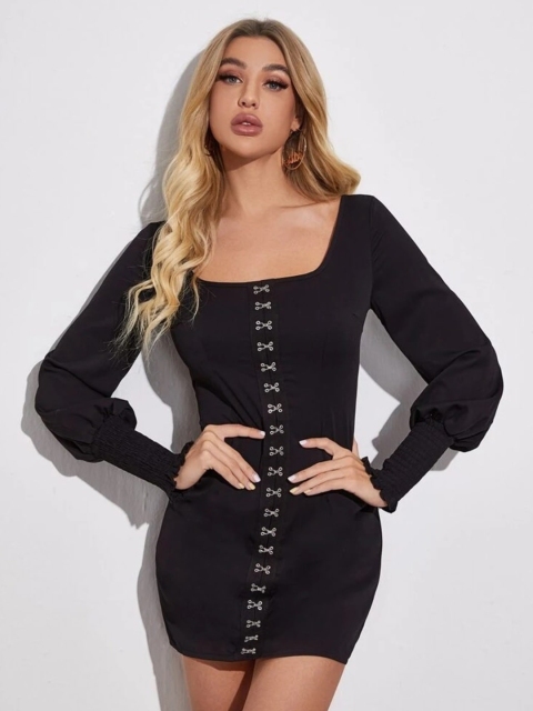 

MERCHE Black Bishop Sleeves Bodycon Mini Hook-Eye Dress