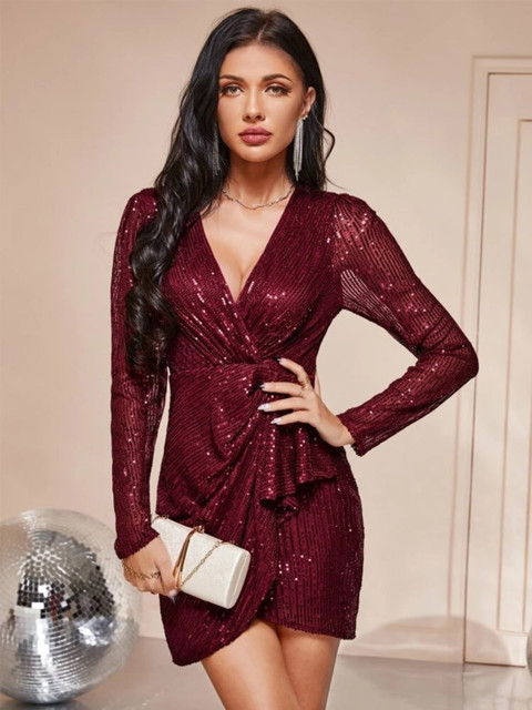 

MERCHE Red Sequin Embellished Mini Wrap Dress