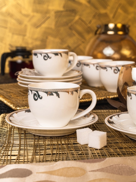 

White Gold Set of 12 White & Gold-Toned Printed Porcelain Glossy Cups and Saucers