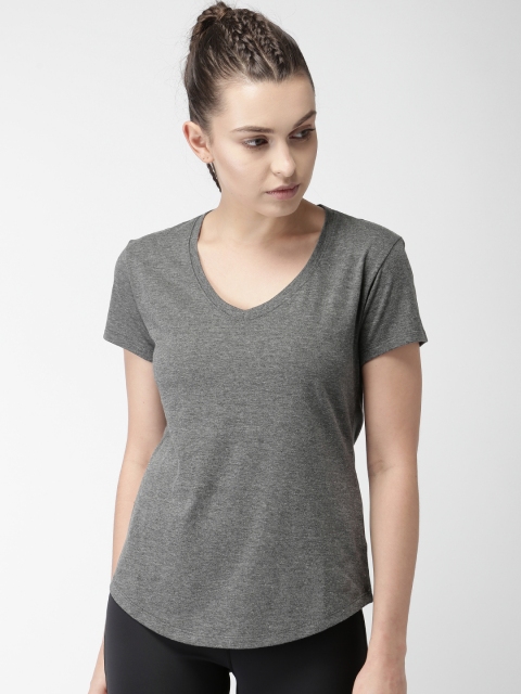 

New Balance Women Grey Melange Solid V-Neck T-shirt