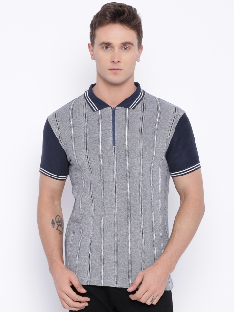 

Voi Jeans Navy Striped Polo Pure Cotton T-shirt, Navy blue