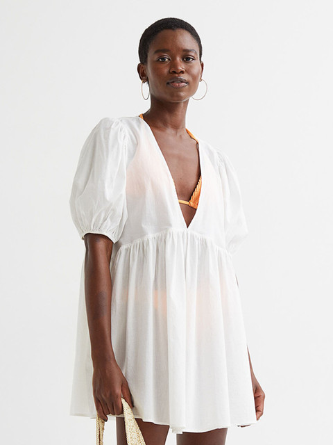 

H&M Women White Solid Cotton Puff-Sleeved Beach Dress