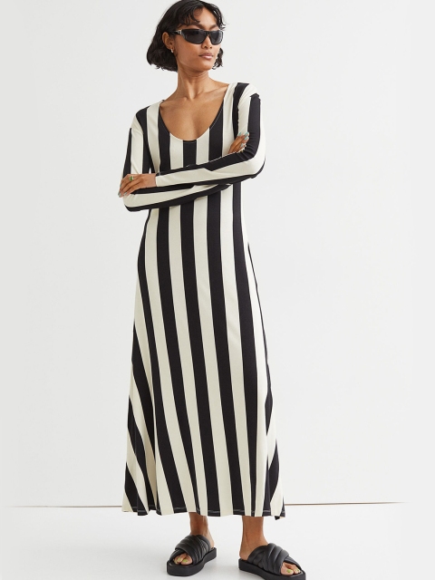 

H&M Women Black & White Striped Long-Sleeved Jersey Dress