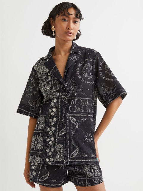 

H&M Women Black Patterned Pure Cotton Resort Shirt