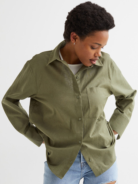 

H&M Women Olive Green Poplin Shirt