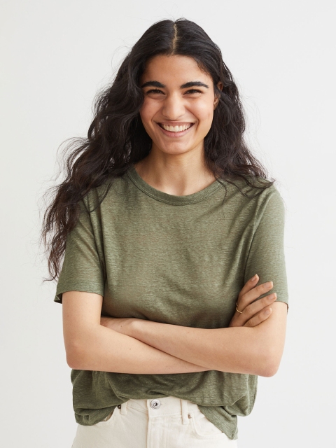 

H&M Women Olive Green Linen Jersey T-shirt