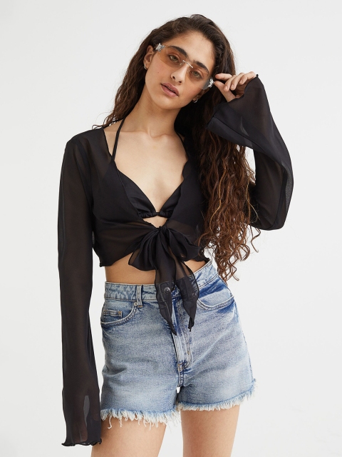

H&M Women Black Airy Tie-Hem Top