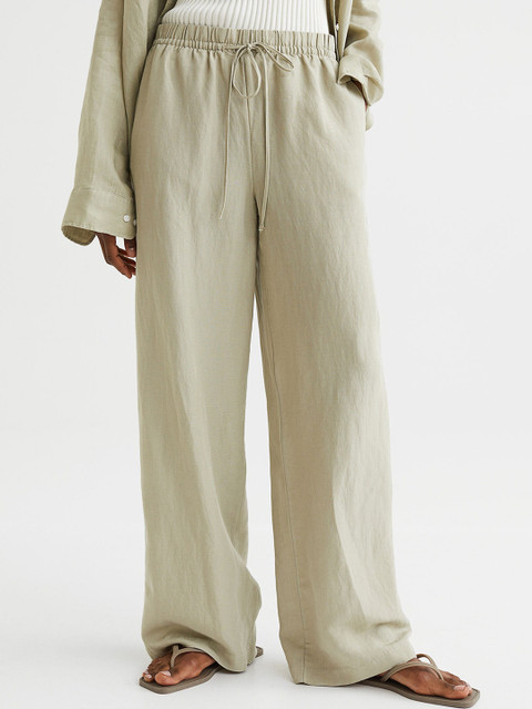 

H&M Green Wide Linen-Blend Trousers