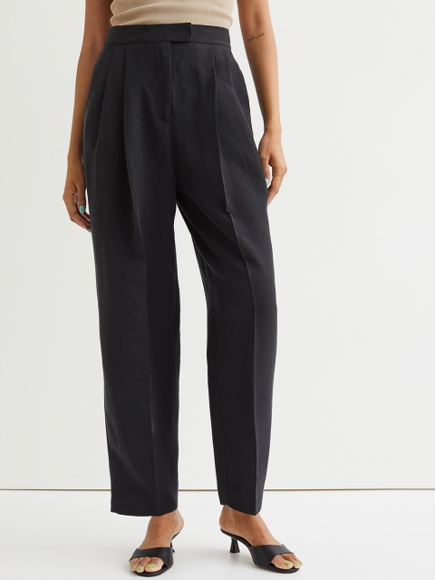 

H&M Women Tailored Linen-Blend Trousers, Black