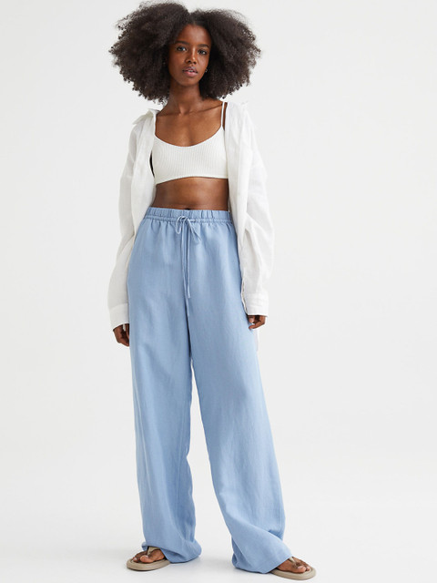 

H&M Women Blue Wide Linen-Blend Trousers