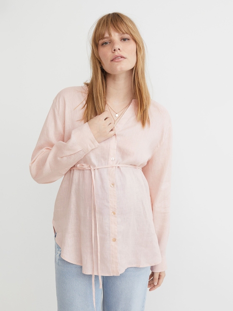 

H&M Pink MAMA Tie-Detail Linen Blouse