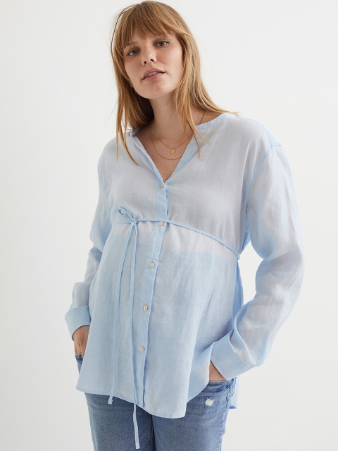 

H&M Women Blue Tie-detail Linen Maternity Blouse
