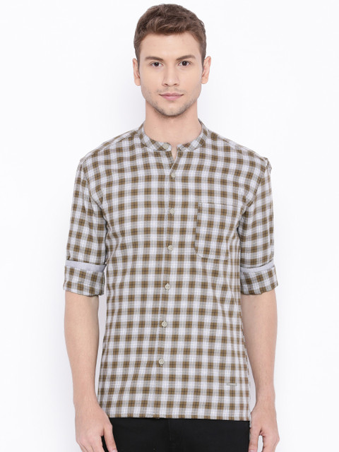 

Voi Jeans Men Grey & Olive Green Checked Casual Shirt