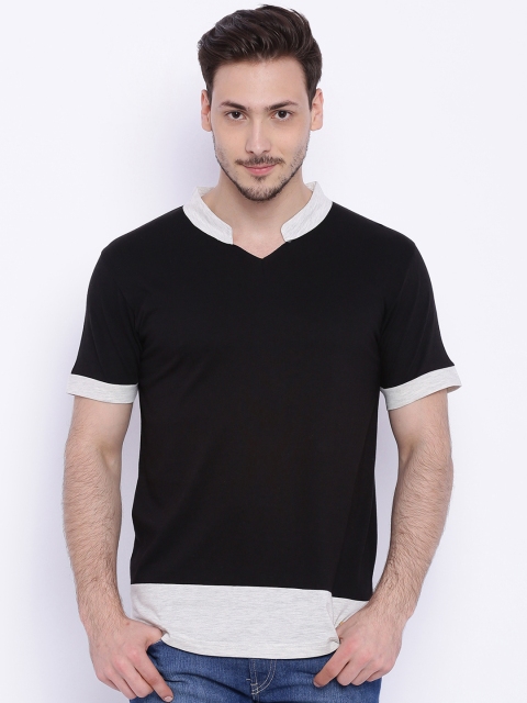 

Campus Sutra Men Black & White Colourblocked Mandarin Collar T-shirt