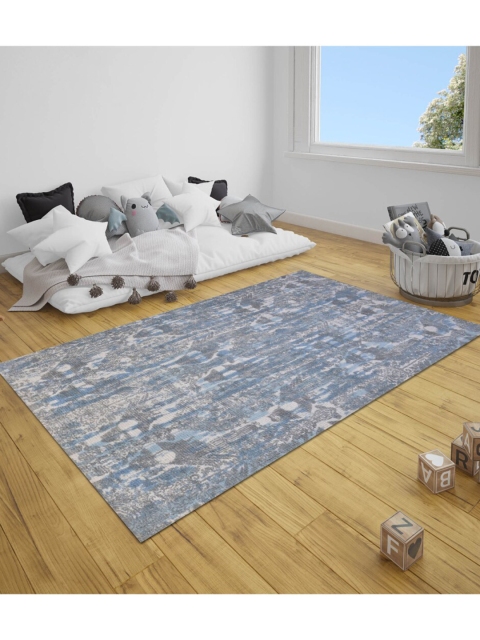 

SANDED EDGE Blue & White Abstract Printed Woolen Heavy Floor Carpet