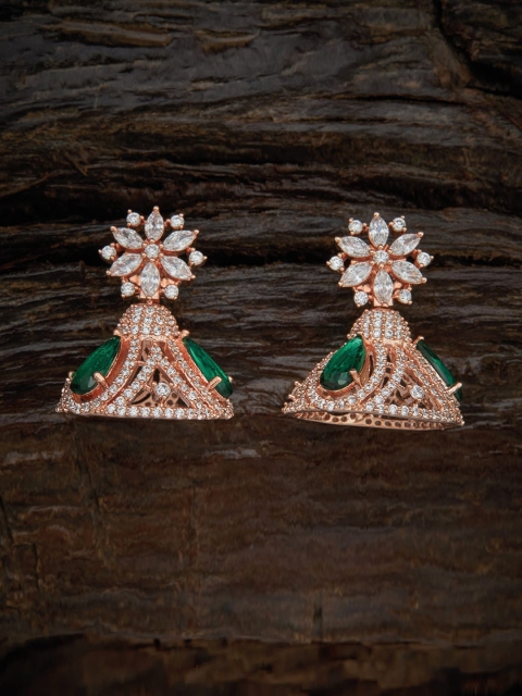 

Kushal's Fashion Jewellery Green Rose-Gold Plated Dome Shaped Jhumkas Earrings