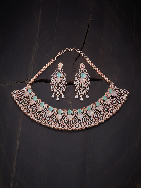 

Kushal's Fashion Jewellery Sea Green Rose Gold-Plated Choker Necklace Set