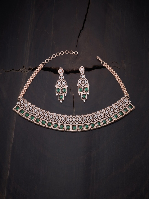 

Kushal's Fashion Jewellery Rose Gold-Plated Green & White Jewellery Set