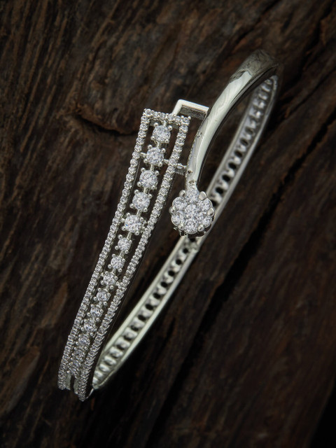 

Kushal's Fashion Jewellery Women Silver-Toned & White Cubic Zirconia Rhodium-Plated Kada Bracelet