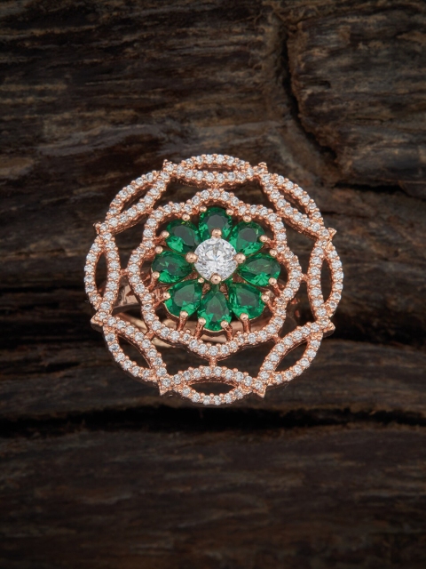 

Kushal's Fashion Jewellery Rose Gold-Plated Green & White CZ-Studded Finger Ring