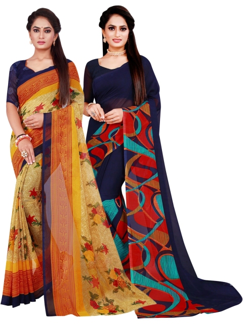 

KALINI Navy Blue & Beige Set Of 2 Pure Georgette Saree