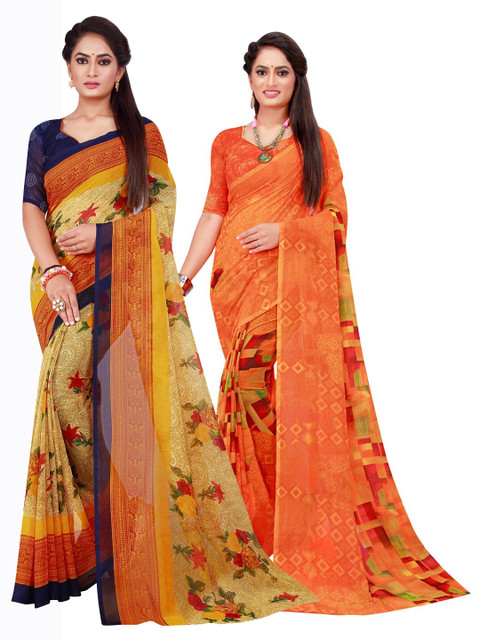 

KALINI Orange & Beige Set Of 2 Pure Georgette Saree