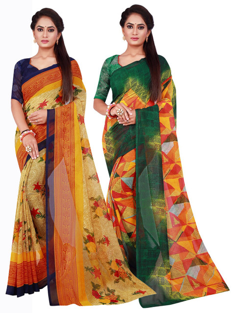 

KALINI Beige & Green Set Of 2 Pure Georgette Saree