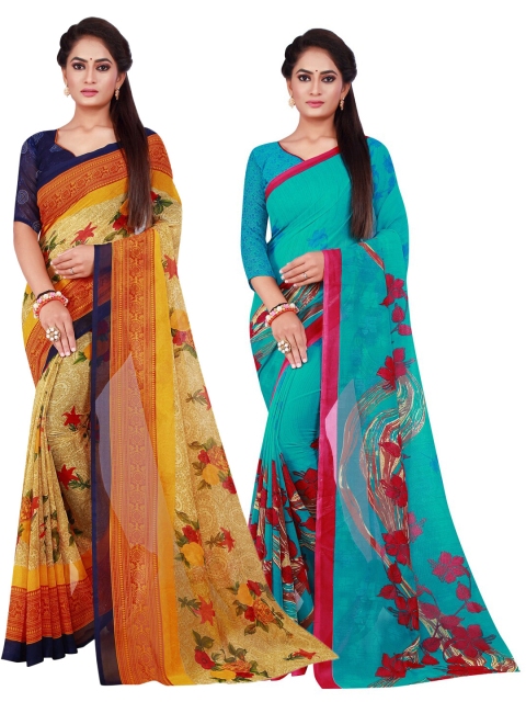 

KALINI Beige & Turquoise Blue Set Of 2 Pure Georgette Saree