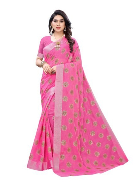 

Yashika Pink & Gold-Toned Woven Design Silk Blend Saree