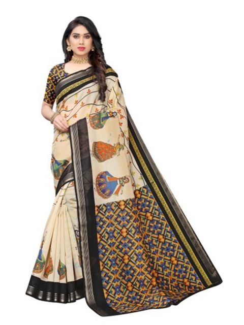 

Yashika Cream-Coloured & Blue Ethnic Motifs Printed Cotton Silk Saree