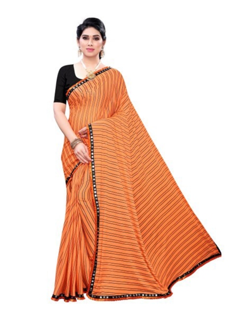 

Yashika Orange & Black Striped Mirror Work Silk Blend Saree