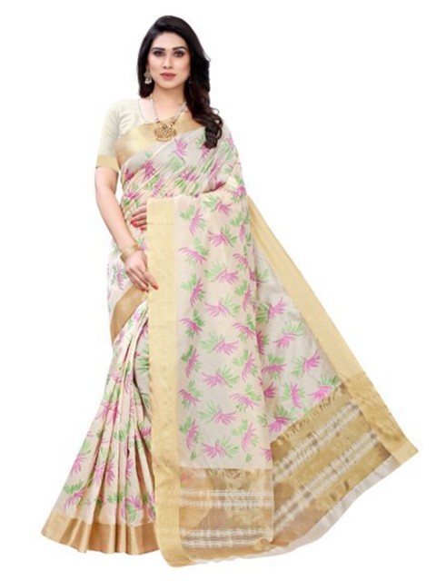 

Yashika Cream-Coloured & Gold-Toned Floral Cotton Silk Saree