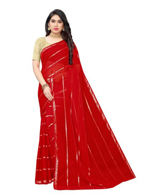 

Yashika Red & Golden Striped Zari Silk Blend Saree