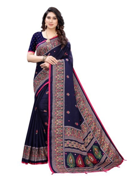 

Yashika Navy Blue & Brown Ethnic Motifs Embroidered Cotton Silk Saree