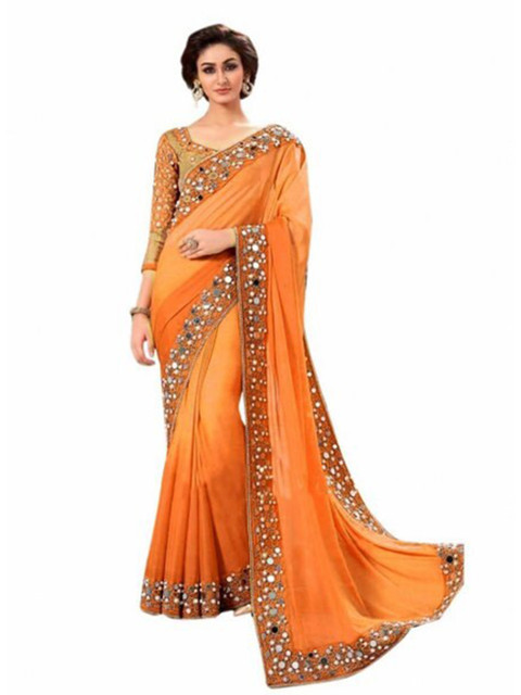 

Yashika Orange & Golden Mirror Work Cotton Silk Saree
