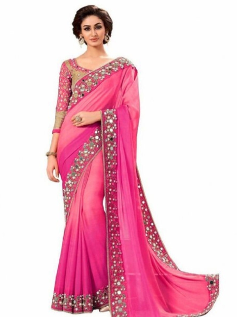 

Yashika Pink & Gold-Toned Embroidered Silk Blend Saree