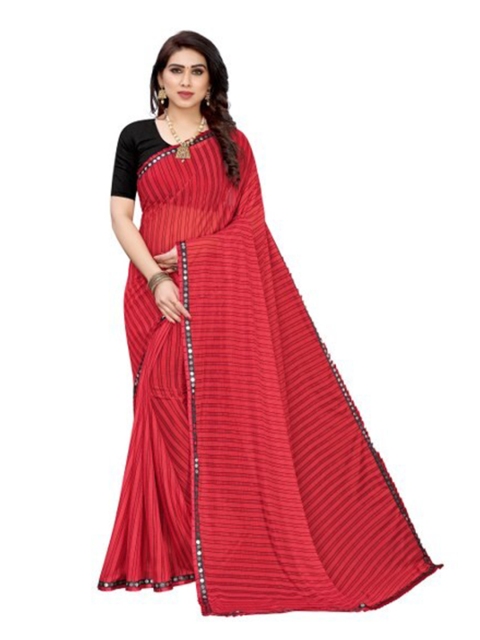 

Yashika Red Striped Mirror Work Silk Blend Saree