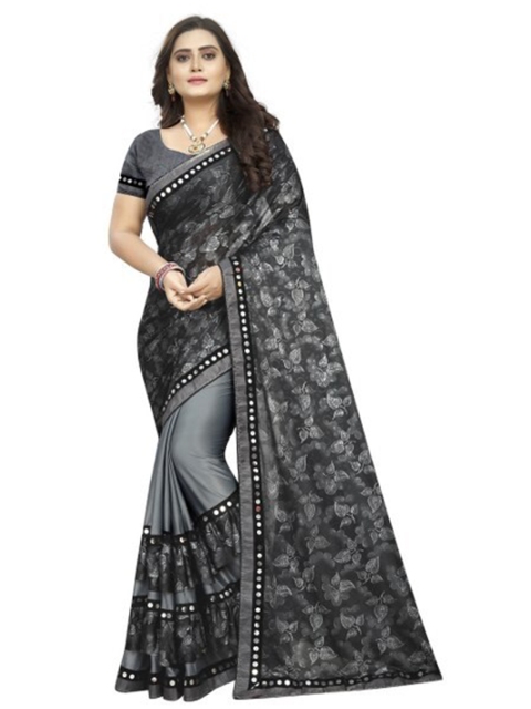 

Yashika Grey Embellished Mirror Work Cotton Silk Saree