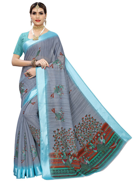 

Yashika Blue & Grey Ethnic Motifs Cotton Silk Saree