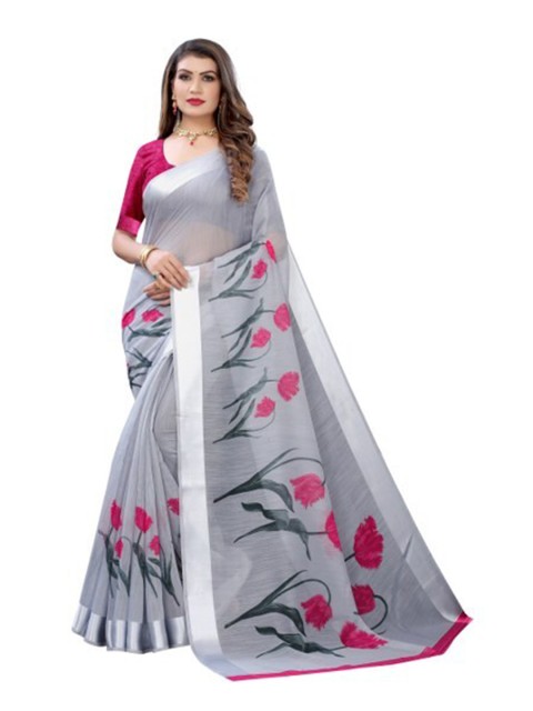 

Yashika Grey & Pink Floral Silk Blend Saree