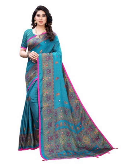 

Yashika Teal & Pink Floral Silk Blend Saree