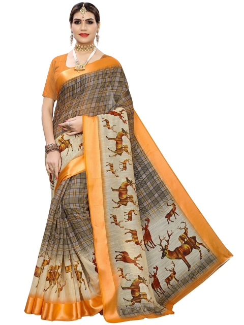 

Yashika Orange & Brown Checked Cotton Silk Saree