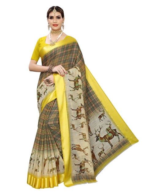 

Yashika Yellow & Pink Checked Silk Blend Saree