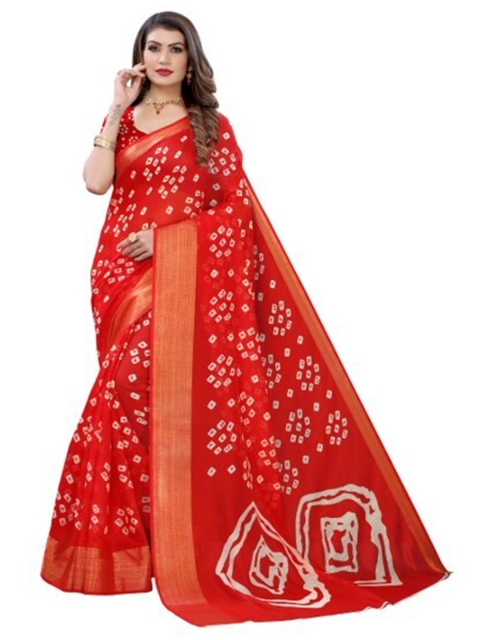 

Yashika Red & White Bandhani Zari Silk Blend Saree