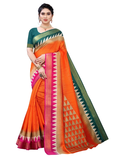 

Yashika Orange & Green Zari Silk Blend Saree