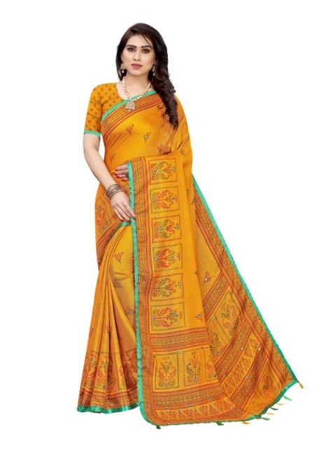 

Yashika Yellow & Orange Ethnic Motifs Mirror Work Silk Blend Saree