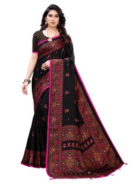 

Yashika Black & Pink Ethnic Motifs Silk Blend Saree