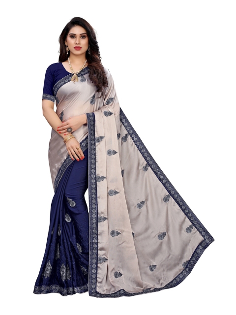 

Yashika Navy Blue & Grey Floral Embroidered Silk Blend Saree